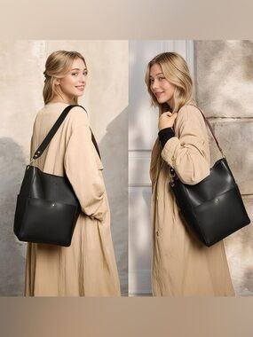 Bostanten Black Leather Bucket Tote Bag